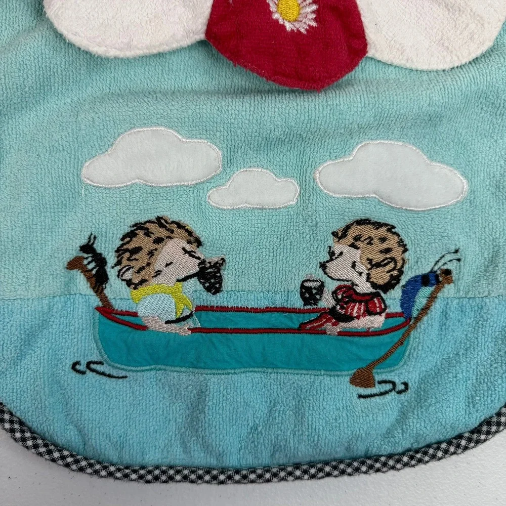 Mackenzie-Childs Hedgehog Boat Baby Bib Blue Terry Cloth Petal Collar Check Trim